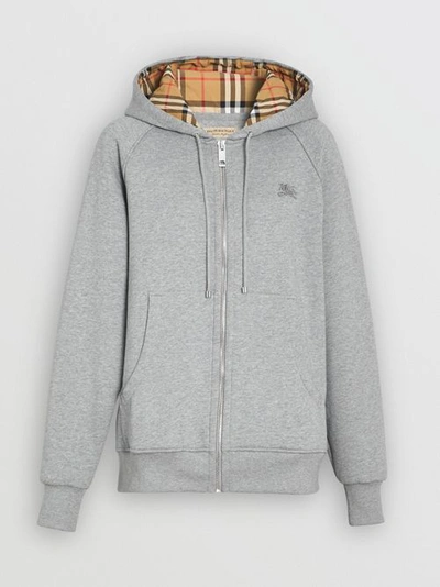 Shop Burberry Vintage Check Detail Jersey Hooded Top In Pale Grey Melange