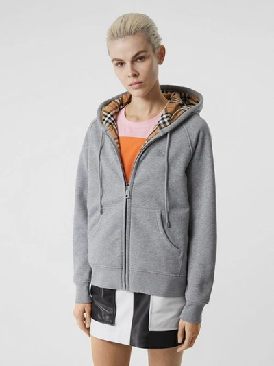 Shop Burberry Vintage Check Detail Jersey Hooded Top In Pale Grey Melange