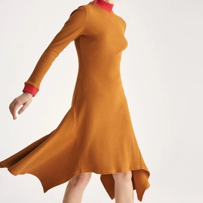 Shop Paisie Turtleneck Ribbed Dress With Handkerchief Hem & Contrasting Collar In Camel & Red