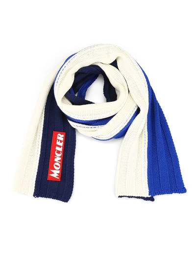 Shop Moncler Colour Block Fishermans Rib Wool Scarf In Blue