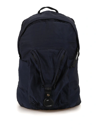 Shop C.p. Company Goggle Blue Nylon Satin Backpack In Dark Blue