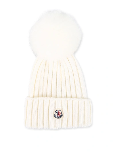 Shop Moncler Fur Pompom Ribbed Wool Beanie In White