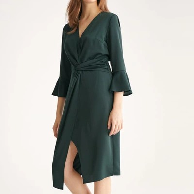 Shop Paisie Satin Dress With Twisted Waist & Flared Cuffs In Dark Green