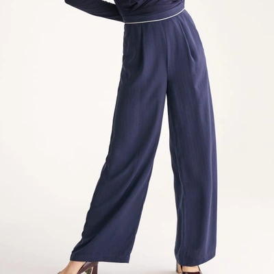 Shop Paisie Palazzo Trousers With Subtle Stripes & Waist Piping In Navy