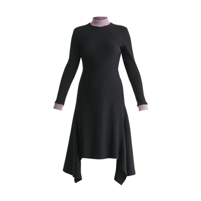 Shop Paisie Turtleneck Ribbed Dress With Handkerchief Hem & Contrasting Collar In Black & Lilac