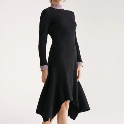 Shop Paisie Turtleneck Ribbed Dress With Handkerchief Hem & Contrasting Collar In Black & Lilac