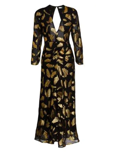 Shop Rixo London Rose Metallic Palm Embroidered Midi Dress In Silk Lame Palm Gold Black