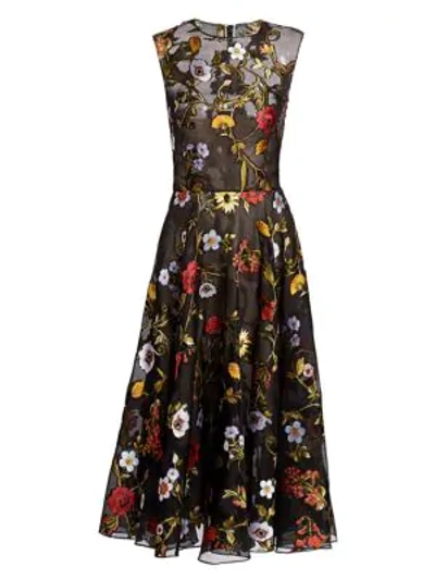 Shop Oscar De La Renta Ikat Floral-embroidered Tulle A-line Dress In Black Multi