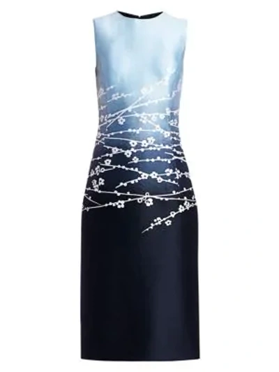 Shop Oscar De La Renta Floral Vine-embroidered Jacquard Sheath Dress In Indigo