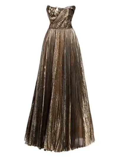Shop Oscar De La Renta Metallic Plissé Floral Appliqué Strapless A-line Ball Gown In Dark Gold
