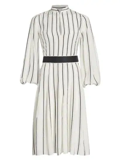 Shop Akris Stripe Long-sleeve Silk Puff-sleeve Midi Shirtdress In Navy Jasmine