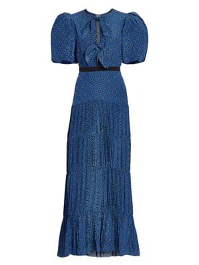 Shop Johanna Ortiz Ancient Treasures Polka Dot Bow Plissé Puff-sleeve Maxi Dress In Pacifico Blue