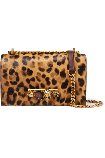 Shop Alexander Mcqueen Jewelled Satchel Embellished Leather And Leopard-print Calf-hair Shoulder Bag In Leopard Print