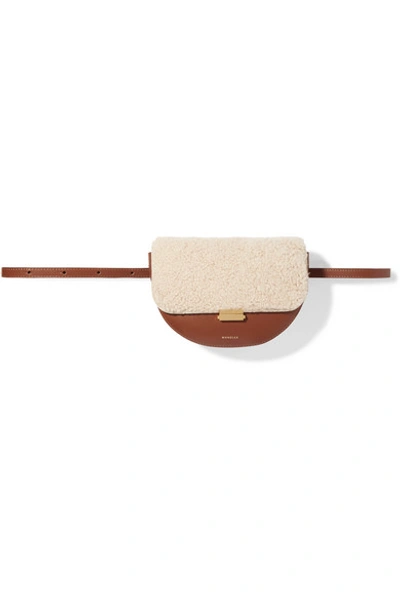 Shop Wandler Anna Leather And Shearling Belt Bag In Beige