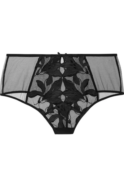 Shop Fleur Du Mal Lily Embroidered Tulle And Silk-blend Satin Thong In Black