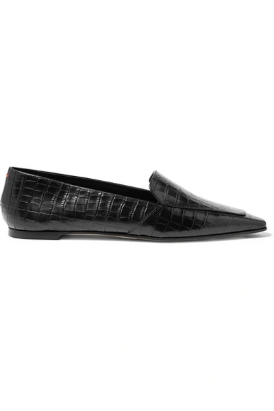 Shop Aeyde Aurora Glossed Croc-effect Leather Loafers In Black