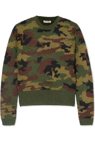 Shop Miu Miu Camouflage-intarsia Wool Sweater In Army Green