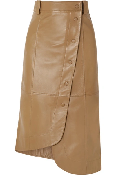 Shop Ganni Asymmetric Leather Wrap Skirt In Beige