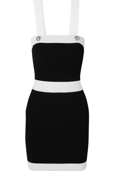 Shop Balmain Button-embellished Two-tone Ribbed-knit Mini Dress In Black