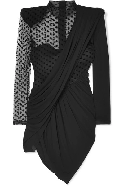 Shop Balmain Draped Crepe And Polka-dot Flocked Tulle Mini Dress In Black