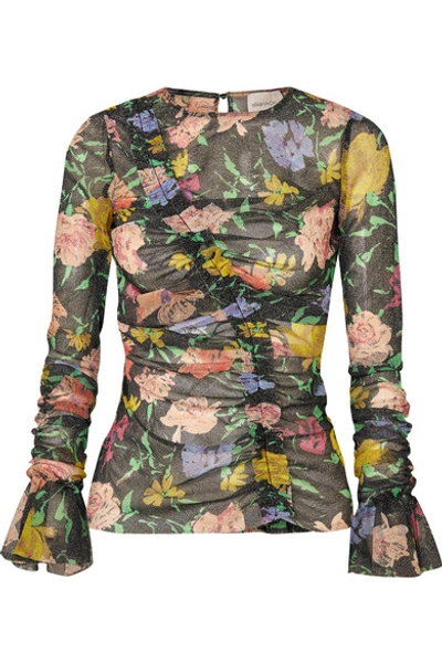 Shop Alice Mccall Cosmic Ruched Metallic Floral-print Mesh Top In Black