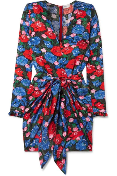 Shop Magda Butrym Lesina Knotted Floral-print Silk-jacquard Mini Dress In Blue