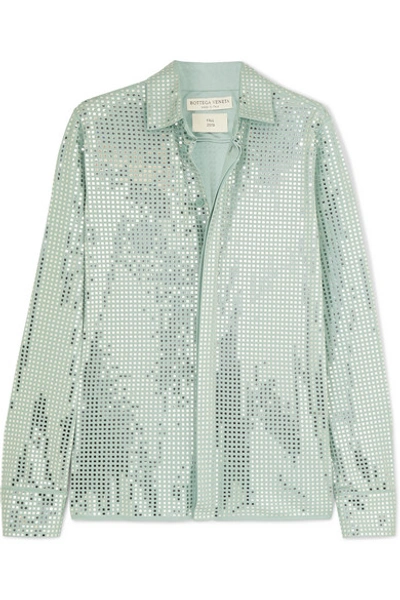Shop Bottega Veneta Paillette-embellished Satin-jersey Shirt In Gray Green