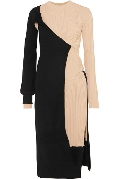 Shop Bottega Veneta Two-tone Draped Ribbed-knit Dress In Black