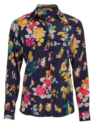 Shop Etro Exotic Floral Stretch-silk Shirt In Navy