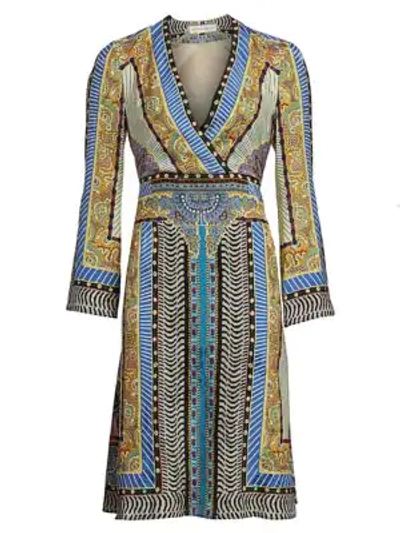 Shop Etro Geometric Paisley Bell-sleeve Dress In Blue