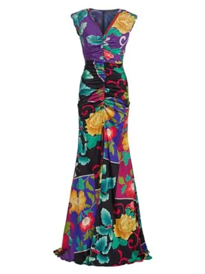 Shop Etro Japanese Floral Ruched Stretch-silk Gown In Purple