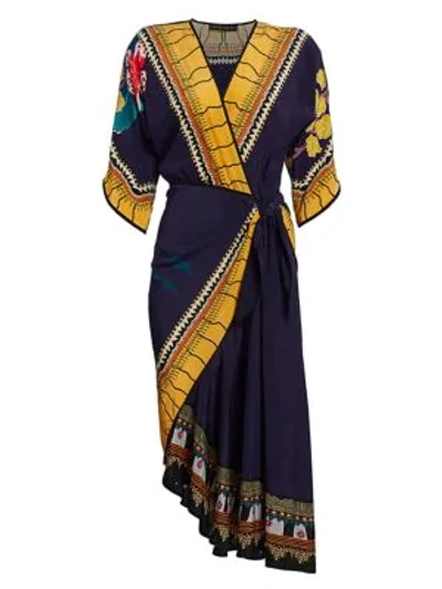 Shop Etro Garden Of Eden Faux-wrap Silk Midi Dress In Navy