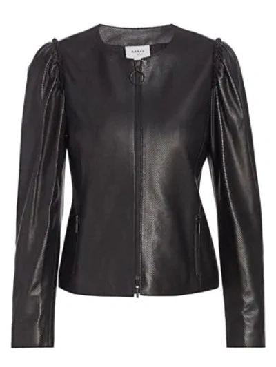 Shop Akris Punto Perforated Mini Ruffle Leather Jacket In Black
