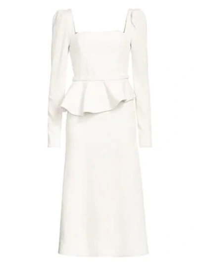 Shop Johanna Ortiz Long-sleeve Peplum Waist Crepe Midi A-line Dress In Ecru