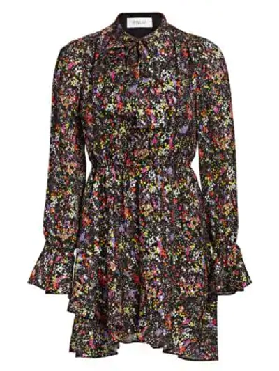 Shop Derek Lam 10 Crosby Lurex Floral Silk-blend Ruffle-hem Dress In Black Multi
