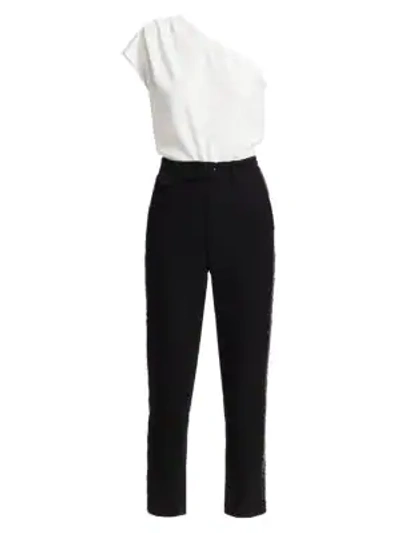 Shop Derek Lam 10 Crosby Belted One-shoulder Sequin-stripe Jumpsuit In White Black