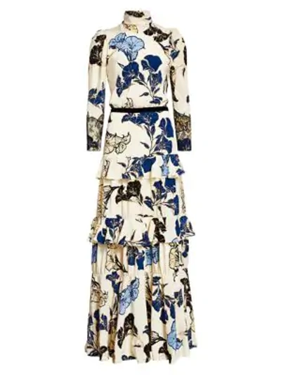 Shop Johanna Ortiz Women's Sheer Decoration Floral Long-sleeve Tiered Ruffle Silk Maxi Dress In Ecru Cosmic Sapphire