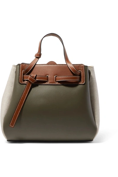 Shop Loewe Lazo Mini Color-block Leather And Linen Tote In Green