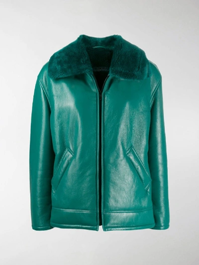 Shop Balenciaga Faux Fur Bomber Jacket In Green