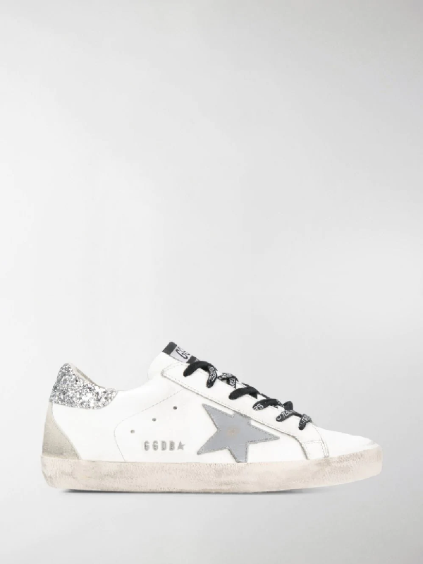 superstar sneakers with silver heel tab with glitter and metal stud lettering