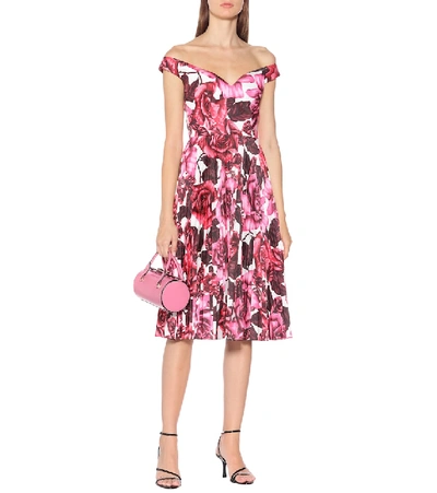 Shop Prada Floral Cotton Midi Dress In Pink