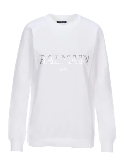 Shop Balmain Logo Print Sweatshirt In White Silver
