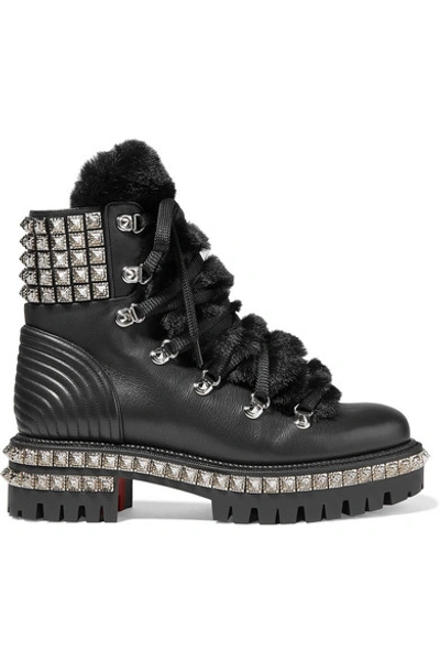 Shop Christian Louboutin Yeti Donna Shearling-trimmed Studded Leather Ankle Boots In Black