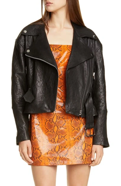 Shop Grlfrnd Charlie Belted Crinkled Leather Moto Jacket In Black