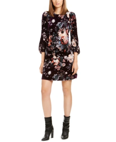 Shop Calvin Klein Printed-velvet Puff-sleeve Dress In Aubergine Multi