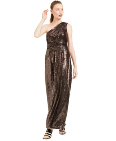 Shop Calvin Klein One-shoulder Metallic Gown In Copper/black