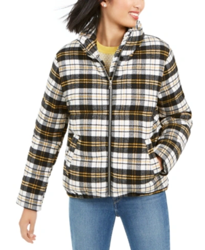 Shop Kendall + Kylie Cropped Plaid Puffer Coat In White/black/yellow