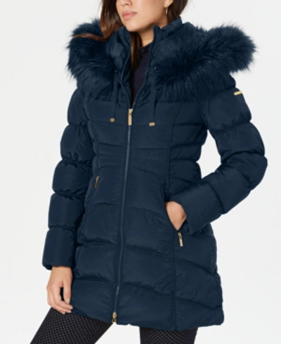 Shop Laundry By Shelli Segal Faux-fur-trim Hooded Puffer Coat In Navy