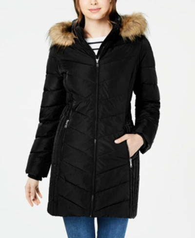 Shop Tommy Hilfiger Chevron Faux-fur Trim Hooded Puffer Coat, Created For Macy's In Black