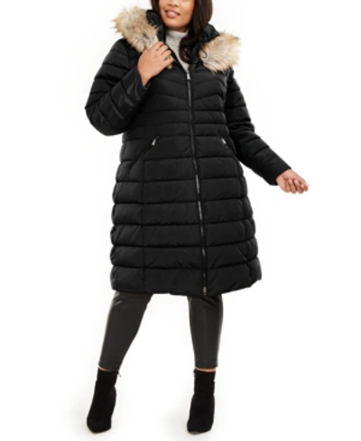 Faux Fur Trim Hooded Puffer Coat, Laundry Faux Fur Lined Coat Plus Size